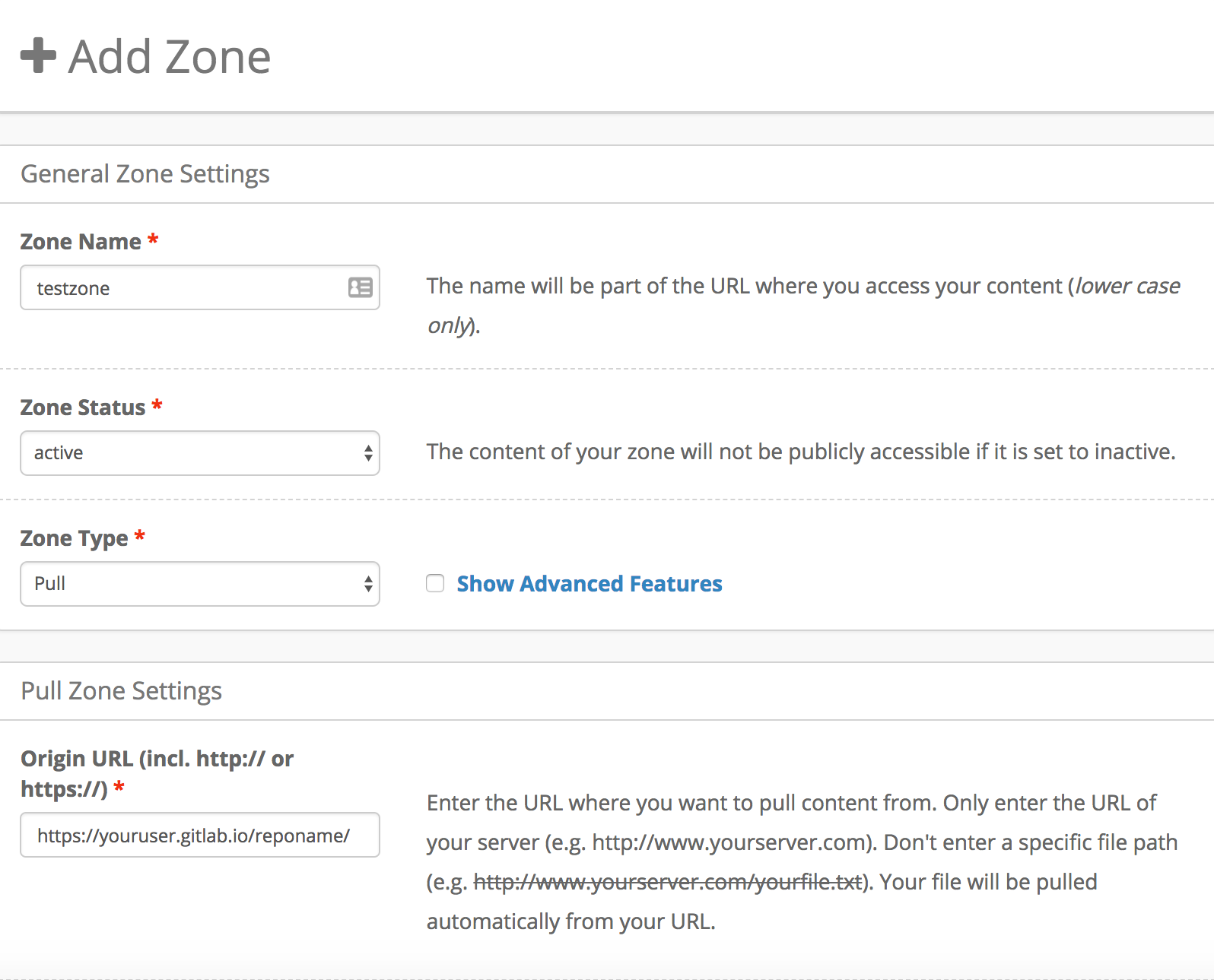 Screenshot of KeyCDN’s pull zone creation page