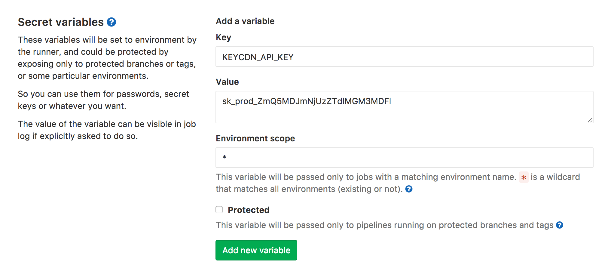 Screenshot of setting the API Key secret variable